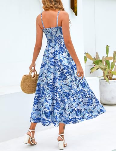Image of Kranda Women 2026 Summer Sundress High Waist Tie Front Spaghetti Strap Long Beach Floral Tiered Maxi Dress with Pockets