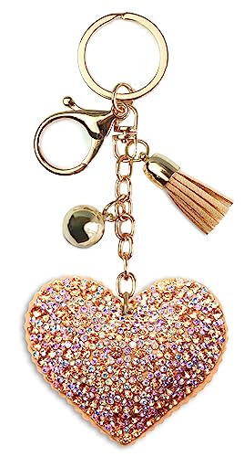 AuPra Llavero de corazón con diamantes de imitación brillantes para mujer, llavero de amor para el hogar, coche, bolsa, clip, llavero con borla de cristal, Corazón marrón, L