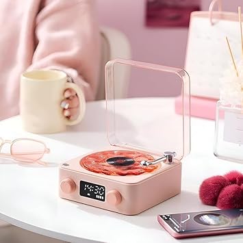 Aureo Vintage Bluetooth Speaker | The Waves Portable Player with Adjustable Lighting & Clock for Bedroom, Party, and Home (Pink)