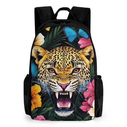 Supdreamc Polyester Daypack for Camping Travel Walking Cycling - Big Capacity Anti-Theft Multipurpose Bookbag, Jungle Florals Cheetah Leopard Print Camping Outdoor Backpack