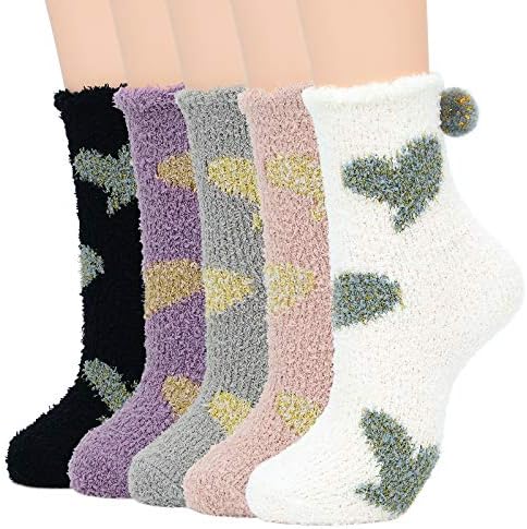 Womens Socks Warm Fluffy Fuzzy Socks Cute Winter Socks Fleece Athletic Running Christmas Socks for Women D (5/Light Heart)