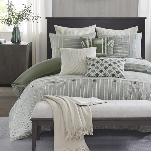 Madison Park Comforter Set Cotton Clipped Jacquard, Oversized Comforters, All Season Down Alternative Overfilled King Size Comforter, Essence, Green 9 Piece