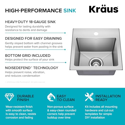 KRAUS Fairlane 15-inch Drop In/Top Mount Single Bowl 18-Gauge Stainless Steel Kitchen Bar Sink, KHT631-15 - image 4