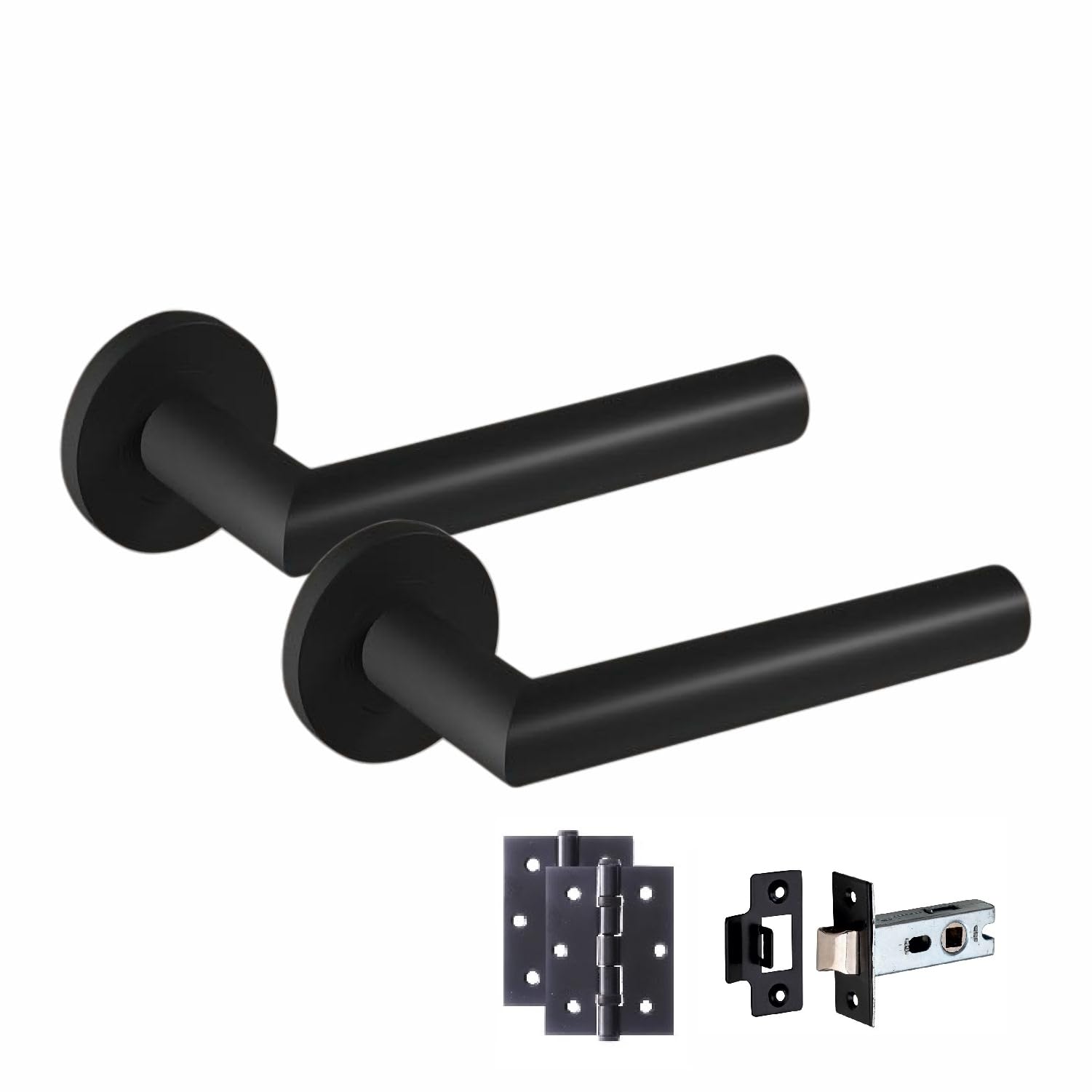 Golden Grace Matt Black Finish Mitred Design Door Handles On Round Rose In With 2.5" Tubular Latch & 3" Ball Bearing Hinges, 1 Pair - 52Mm Diameter