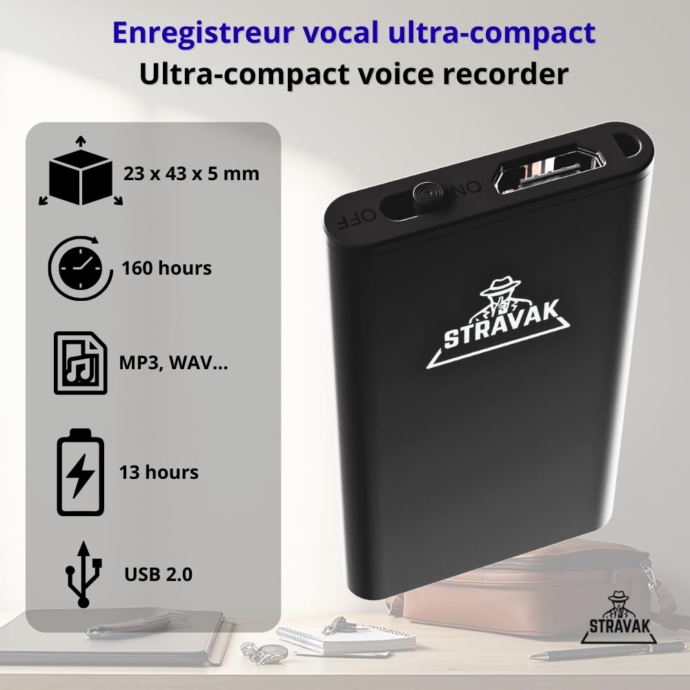 Micro Spia 8 GB – Mini Registratore Vocale Ultra Discreto (43 x 23 x 5 mm), Alta Sensibilità, Lunga Autonomia, Ideale per Riunioni e Uso in Auto