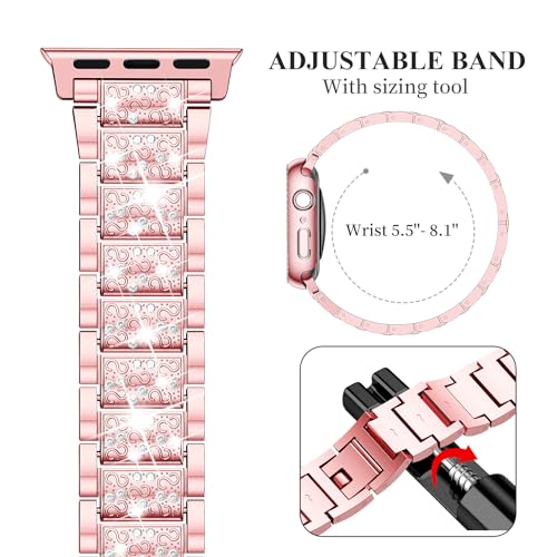 Image of SUPOIX for Apple Watch Band 45mm + Case, Bling Bands for Women (Rose Pink) | Shiny Metal Bands & 2 Pack Protective Cover Cases for iWatch Series 9 /8 /7 45mm