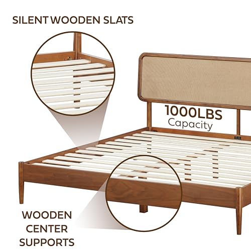 Image of NTC Lupin Wooden Bed Frame with Headboard, Crafted from Walnut, Rubber Wood with Silent Slats and Wood Central Supports, 1000 Lb Capacity, Effortless Assembly, Queen - Dark Walnut