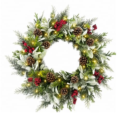Pinkpum 22" Christmas Wreath with Lights & Timer Pinecone Berry Lamb's Ear - image 1
