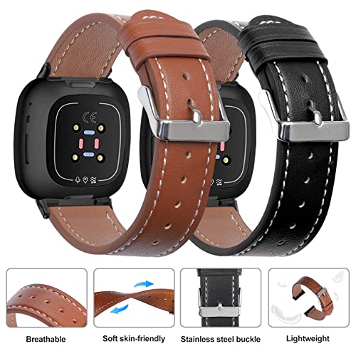 Pacote com 2 pulseiras de couro compatíveis com Fitbit Versa 3 Bandas/Fitbit Sense Bandas para homen