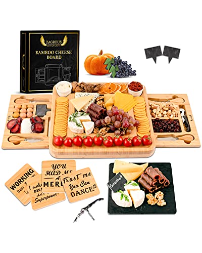 ZAGREUS Bamboo Cheese Board and Knife Set- Cheese Boards Charcuterie Boards Extra Large Charcuterie Board Set- FSC Certified Cheese Platter- 21 Piece Charcuterie Accessories- Wedding Housewarming Gift