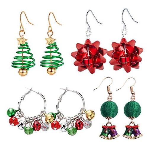 4Pairs Christmas Bows Earrings Bow Jingle Bell Hoop Red Ball Green Xmas Tree Holiday Jewelry Set Gifts for Women Girls,Thanksgiving Xmas Jewelry Drop Dangle Earrings Gifts Set Multi Clip on Earrings