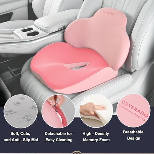 Image of Coverado Car Seat Cushion and Lumbar Support Pillow, Memory Foam Ergonomic Back Support Driving Seat Cushion for Sciatica, Tailbone, Back Pain, Non-Slip Washable Cushion for Car, Driver, Office