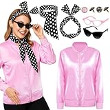 VLUV Halloween Cosplay Set, XL Women's Halloween Retro Satin Jacket Set with Scarf Headbands Glasses Accessories