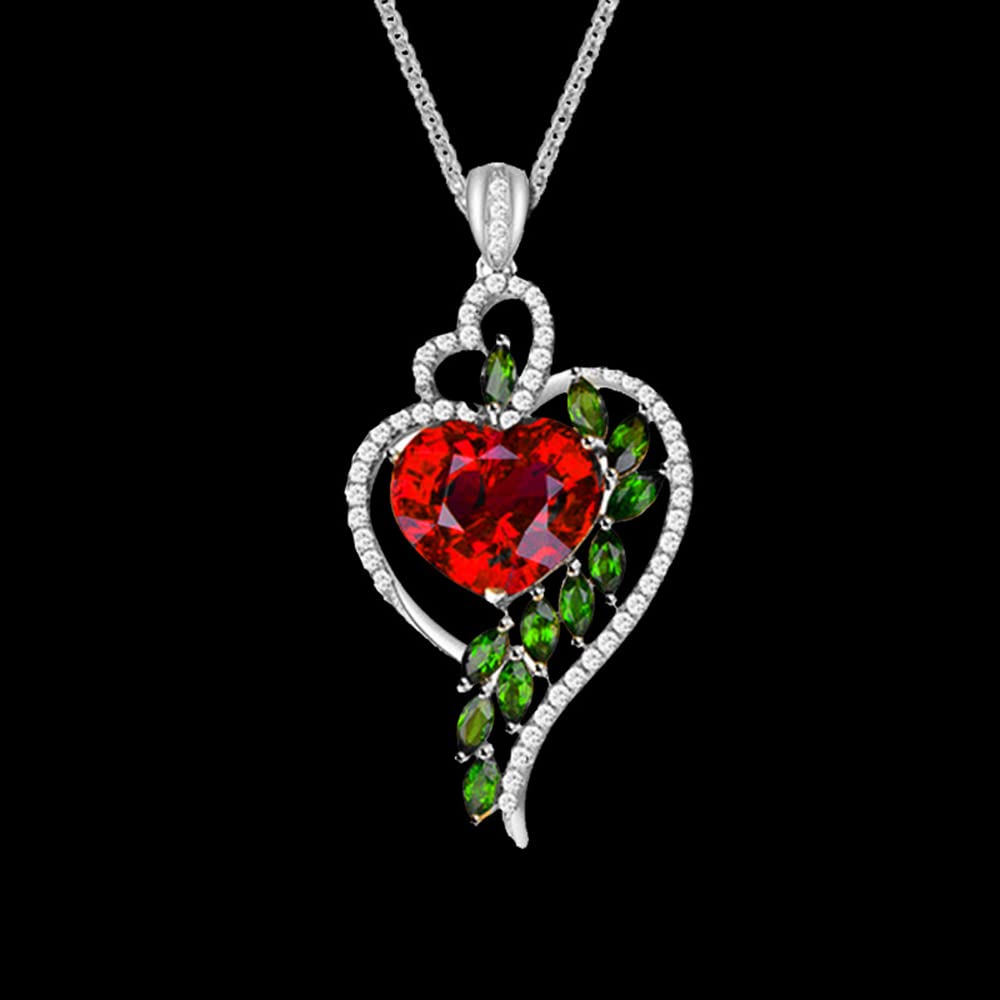 Dames Ketting Creatief Hangertje Robijn Perzik Hart Hangertjes ketting set met groene diamant Hart ketting Sieraden Verjaardagscadeaus voor familie en vrienden (B)