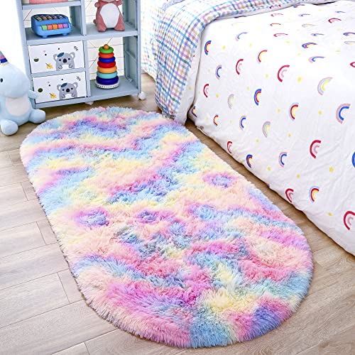 Noahas Oval Fluffy Rainbow Rug 2.6X5.3 Small Kids Rugs For Bedroom Girls Aesthetic,Bedside Bedroom Rug,Ultra Soft Runner Carpet Modern Shaggy Nursery Area Rugs Home Decor #TOP13