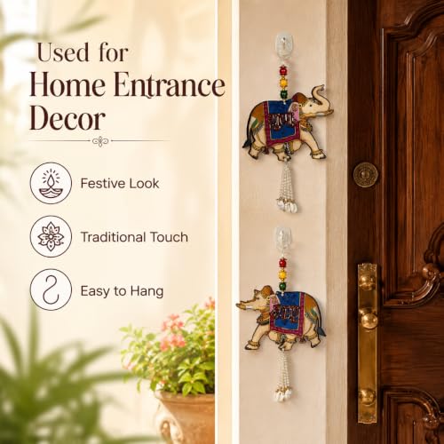 Image of Religious Door Hanging Decor with Pearl Beads & Tassel, Wooden Wall Hanging for Home Temple, Pooja Room, Entrance, Mandir Decoration & Spiritual Gift, Elephant