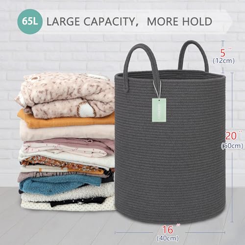 Image of Large Cotton Rope Laundry Hamper for Clothes 65L, Dark Gray