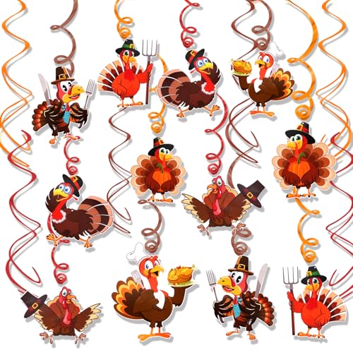 HOWAF 18pcs Thanksgiving Turkey Hanging Swirls, Turkey Day Ceiling Swirls for Thanksgiving Party Decorations, Turkeys Swirl Streamer for Friendsgiving Party Give Thanks Themed Party Supplies