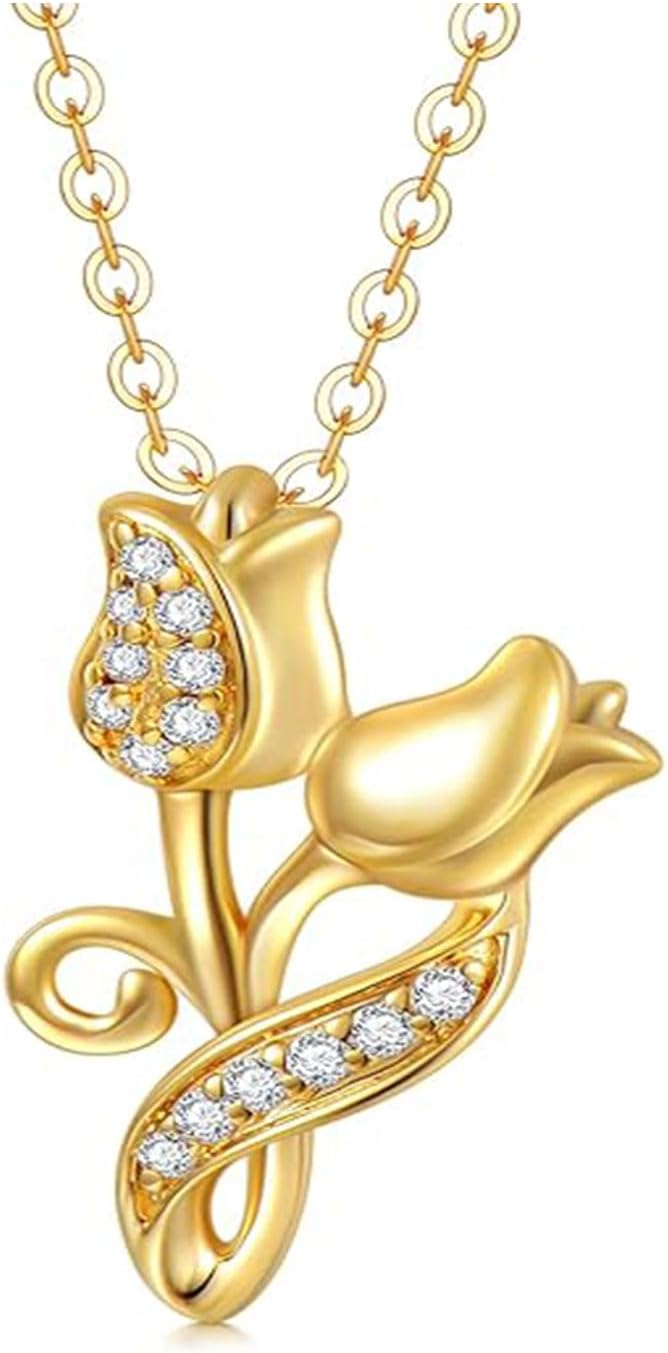 Rose Necklace for Women 14K Solid Gold Rose Pendant Necklace Flower Jewelry Wedding Birthday Gifts for Her Girlfriend Mom Wife,16+2Inch