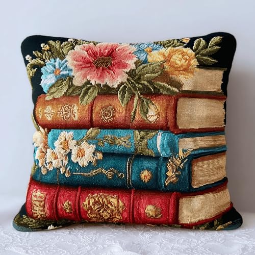 Coussin à Créer au Point Noué,Kit Tapis Créatif 43x43cm avec Crochet,Projet DIY Zen pour Adultes Débutants,Décoration Unique à Faire Soi-même,Activité Relaxante et Artisanale,Fleur de livre vintage