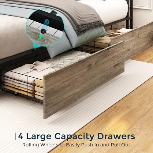 Image of SADENICEL Full Size Bed Frame with Storage Headboard, Metal Platform Full Bed Frame Wood with 4 Drawers, LED Light, Charging Station, No Box Spring Needed, Noise Free, Easy Assembly, Grey