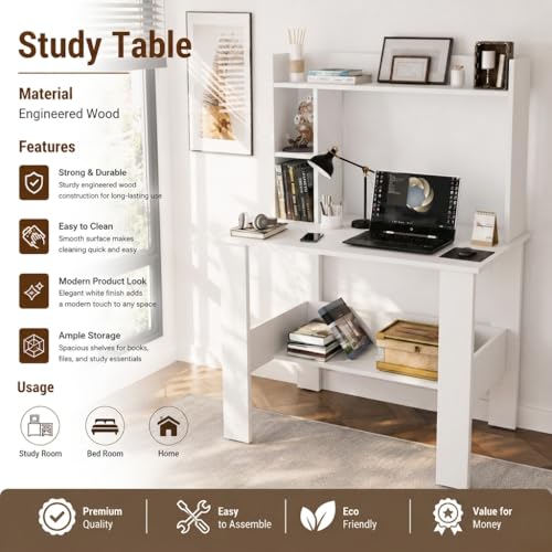 Image of SPYDER CRAFT Modern Daisy Engineered Wood Study Table with Storage Shelf | Clean Minimalist Computer Desk for Home, Office, & Bedroom | Durable & Easy to Clean (White) (DIY Assembly)