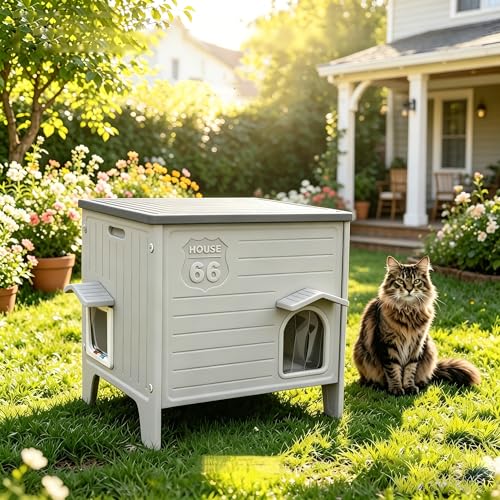 Weatherproof Outdoor Cat House for Feral Cat 22.0' L x 21.0' W x 16.0' H Plastic Insulated Cat...