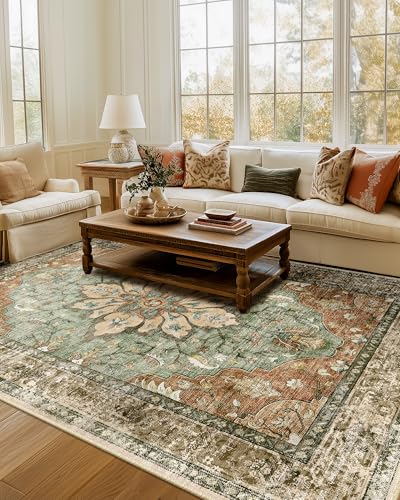RELEANY Area Rugs 7'x9' Washable Non-Slip, Floral Vintage Distress Print