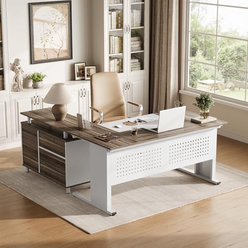 image for LITTLE TREE Large Computer Desk with File Cabinet, 63 Inch Executive D