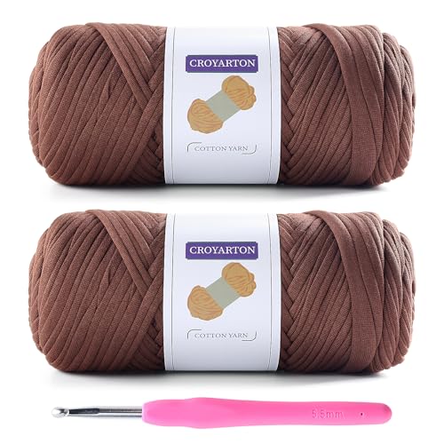 Image of Coffee Color Elastic T-Shirt Yarn for Crochet - Two Pack with 1 Hook. Thick Spaghetti Yarn, 130 Yds Long, 14 Oz