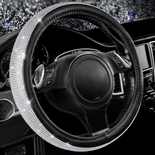 CAR PASS Bling Diamond Leather Steering Wheel Cover with Bling Sparkly Crystal Glitter Rhinestones Universal Fit 14.5in-15in Car Wheel Protector for Women Girl Fit Suvs Vans Sedans Car Trucks Silver