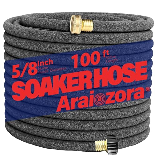 Araiozora Soaker Hose 100FT, 5/8&ldquo; Heavy Duty Ruber Round Soaker Hoses with Solid Brass Connector...