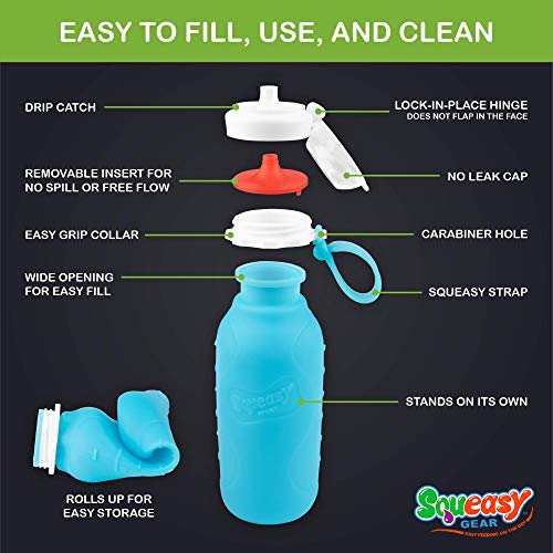 Blue 16 oz Squeasy Snacker Spill Proof Silicone Reusable Pouch - For Soft Foods & Liquids - Water, Apple Sauce, Yogurt, Smoothies, Baby Food - Dishwasher Safe