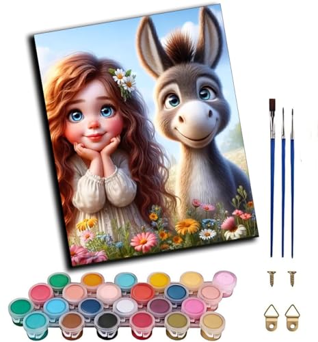 CAOGUANYU Pintura por Números Adultos y Principiantes,Niña burro en campo de flores 40x50cm con Pinceles y Pinturas Acrílicas de Lienzo Decoración para el Hogar，sin marco