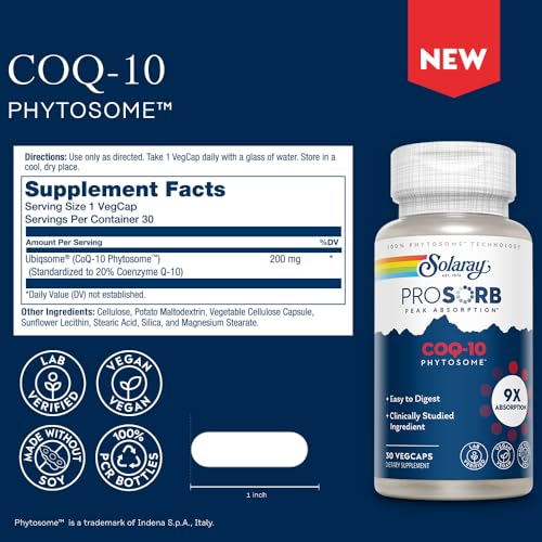Image of SOLARAY CoQ-10 Phytosome - 9X Absorption CoQ10 200mg - Easy-to-Digest Antioxidants Supplement - Vegan and Made Without Soy - 60-Day Guarantee - 30 Servings, 30 VegCaps