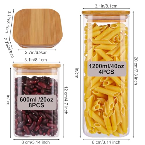 12 Pack 600ml, 1200ml Glass Storage Jars with Bamboo Lids, Kitchen Storage Jars Canisters, Glass Storage Containers with Lids Airtight for Spice Coffee Tea Sugar kitchen Storage Organisation - Image 3
