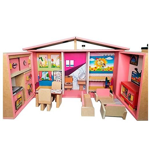 100, Artesanal Casinha de Boneca com Móveis Estilo Maleta - Madeira - 5 Ambientes - Rosa