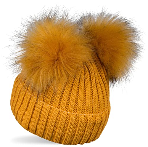styleBREAKER Kinder Strick Bommelmütze mit 2 Kunstfellbommel und Fleece Futter Winter Mütze Strickmütze 2-5 Jahre 04024203 Farbe:Curry