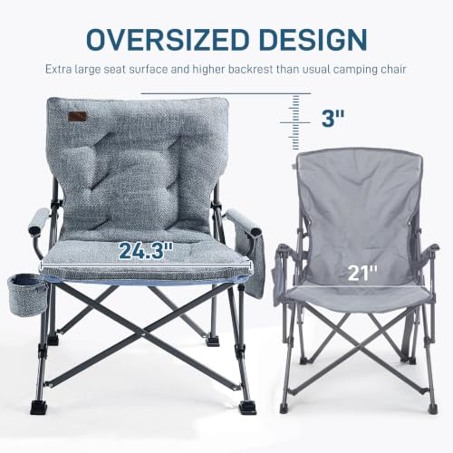 Image of EVER ADVANCED Padded Oversized Folding Camping Chair for Adults, Heavy Duty Lawn Chair with Side Pockets, Portable Collapsible Quad Chair for Outside, Support Up to 500lbs, Light Blue