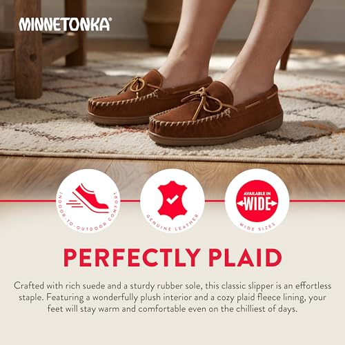 Image of Minnetonka Plaid Lined Hardsole - Moccasin Slippers for Men Made with Suede Upper, Rubber Sole, Plush Interior, Fleece Lining, Rawhide Lace, and Traditional Moccasin Design