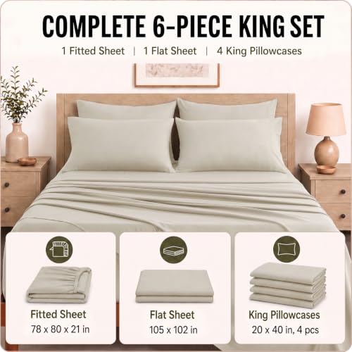 Image of CozyLux 6-Piece King Size Sheet Set, Fits 18-21 Inch Mattresses, Oeko-TEX | 4 Pillowcases, 1 Flat Sheet and 1 Fitted Sheet with All-Around Elastic and 21-Inch Deep Pocket for a Secure Fit, Beige