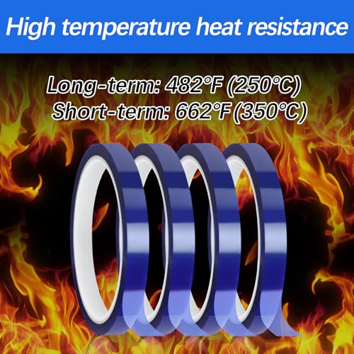 Image of 2 Rolls 10mm x 33m 108FT Up to 250℃(480℉) High Temperature Heat Resistant Tape, Adhesive Heat Tape for Sublimation,Electronics,Soldering,Circuit Board,Heat Press(Blue)