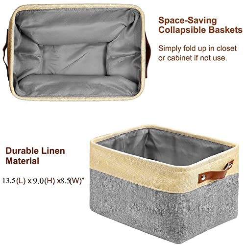 Vextronic Collapsible Storage Bins, Fabric Storage Baskets For Shelves, Canvas Decorative Storage Bins With Handles, Foldable Storage Baskets For Organizing Toys Clothes Closet, Gray & Beige 3 Pack #TOP3