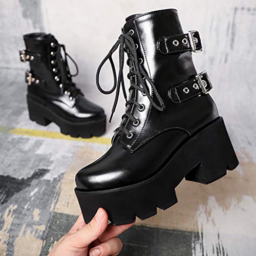 Image of Parisuit Womens Goth Patent Ankle Boots Platform Chunky Combat Boots | Lace Up, Gothic Boots, High Heel, Punk Short Booties, Buckle Boots, Chain Boots