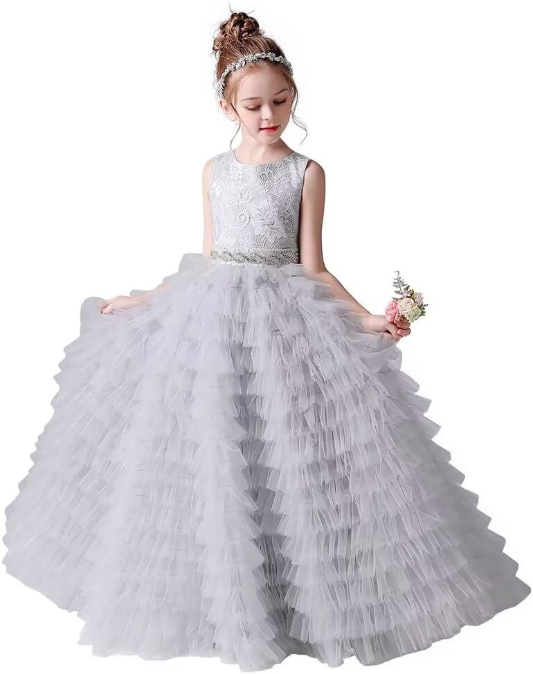 dideyttawl Toddler Girls Full-Length Puffy Flower Girl Dress Lace Tulle Princess Birthday Party Ball Gown 680