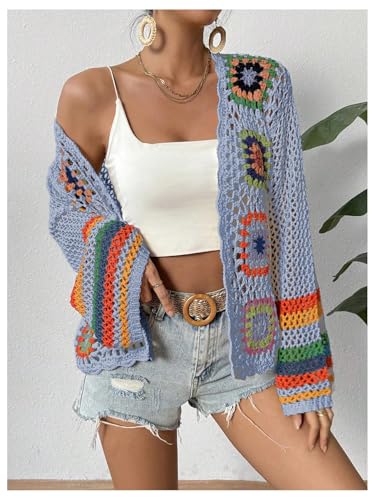 Image of SHENHE Women's Floral Crochet Cardigan Hollow Out Open Front Long Sleeve Cardigan Sweater