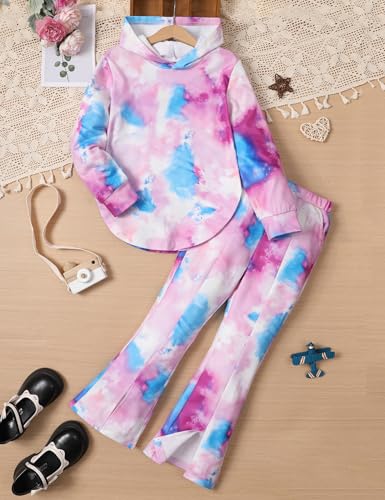 Image of Girls Clothes Tie Dye Sweatsuit Long Sleeve Sweatshirt Tops and Flare Pants 2PCS Girls Fall Clothes