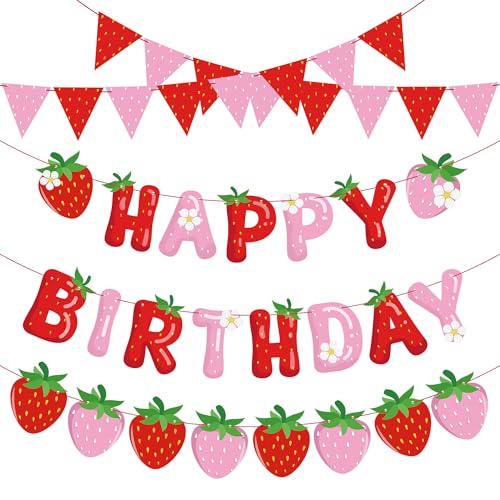 Image of 5 Packs Strawberry Happy Birthday Banner Strawberry Themed Paper Garland Red Pink Pennant Flags Bunting Banners Berry Sweet Birthday Party Decorations for Girls Birthdays Party Decor