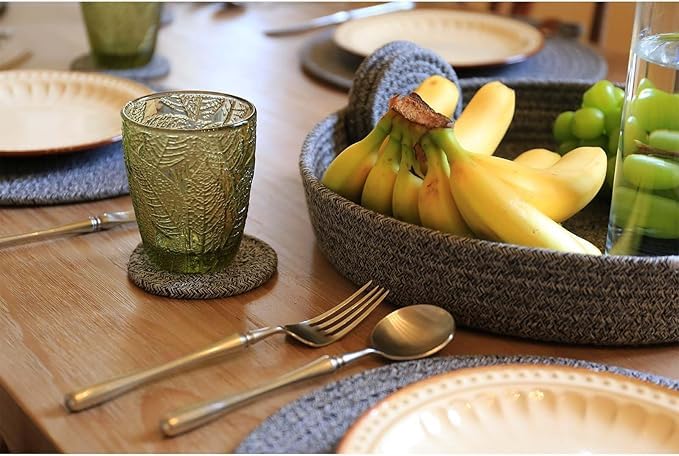 Image of Cotton Rope Placemat Set with Coasters and Holder 6 Pieces Round Woven Table | Mats Natural Beige Heat Resistant | Dining Table Decor | Durable Washable Kitchen Accessories (Gry Mix White)