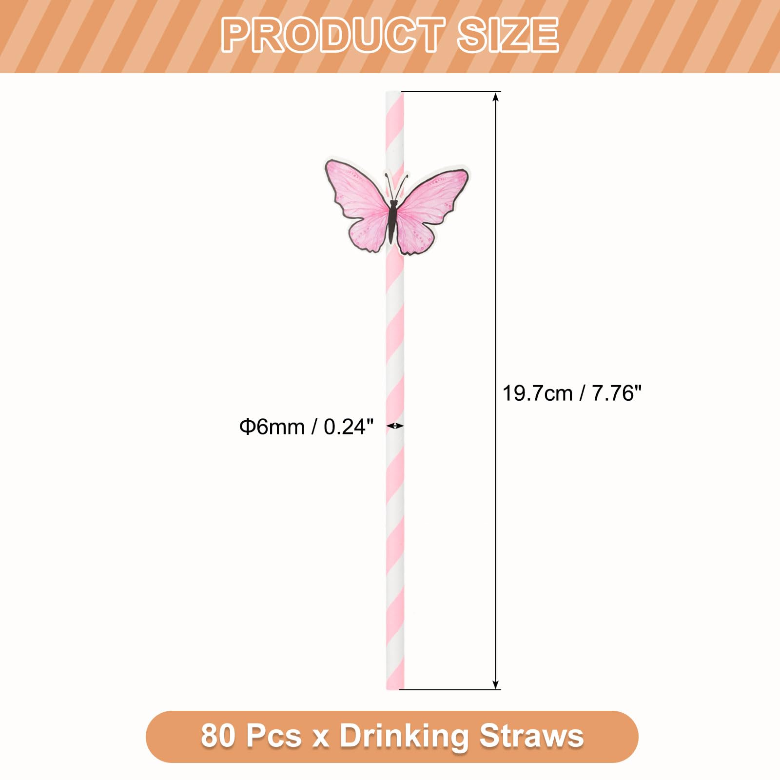 uxcell 80 pajitas de papel a rayas de mariposa, pajitas desechables para decoración de tartas para bodas, fiestas de cumpleaños, color rosa